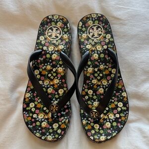 Tory Burch Black Floral Flip Flops
